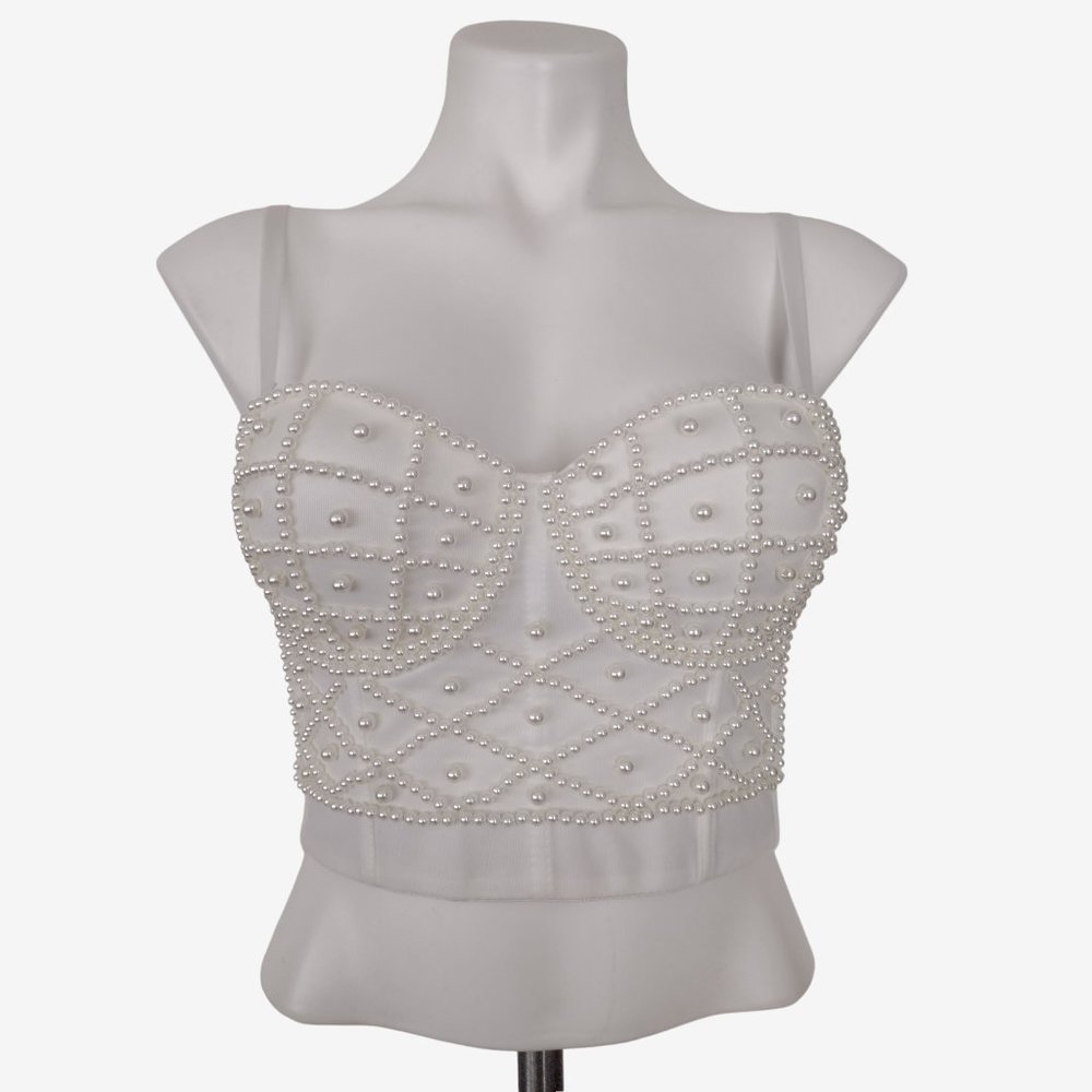 White Pearl Beaded Convertible Corset Bustier Crop Top